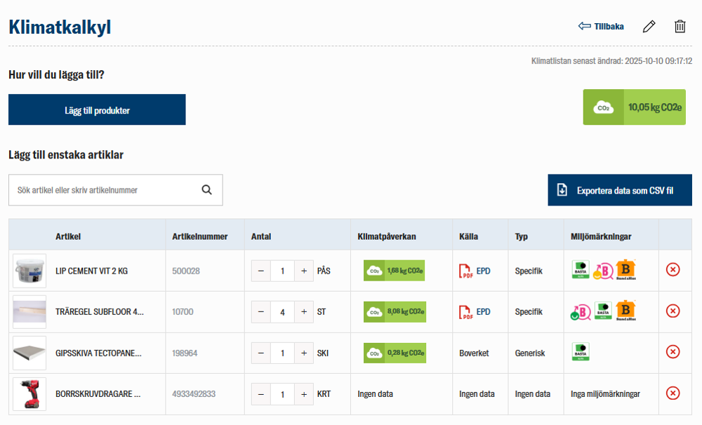 nomenu Klimatkalkyl hos Woody Bygghandel i Bro med klimatpåverkan per artikel.