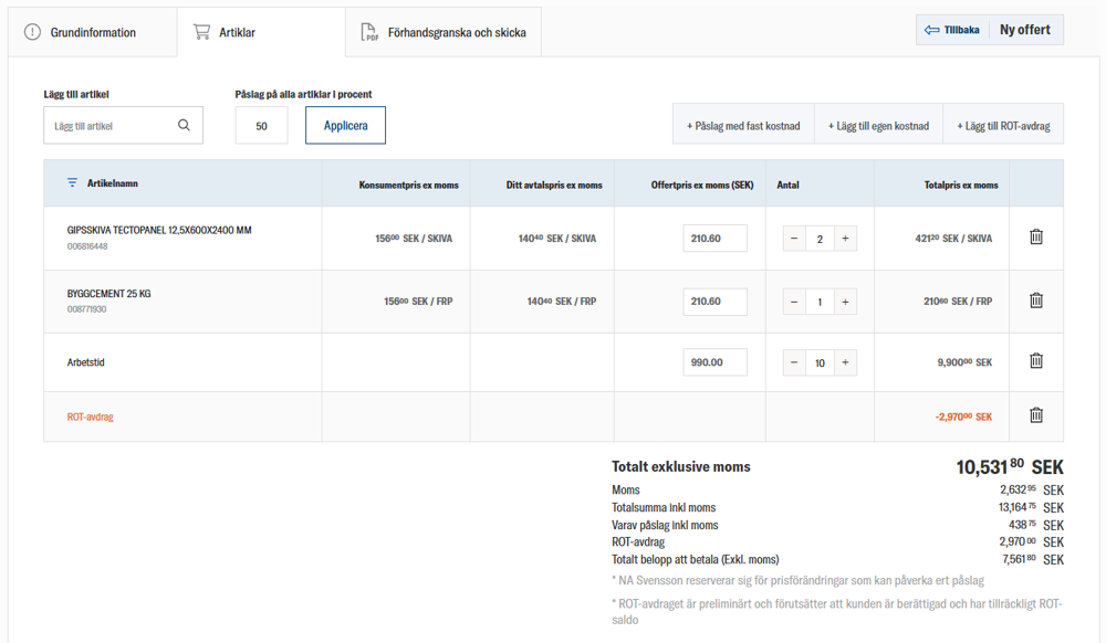 nomenu Offertverktyg hos Woody Bygghandel i Bro med produktlista, påslag och ROT-avdrag.