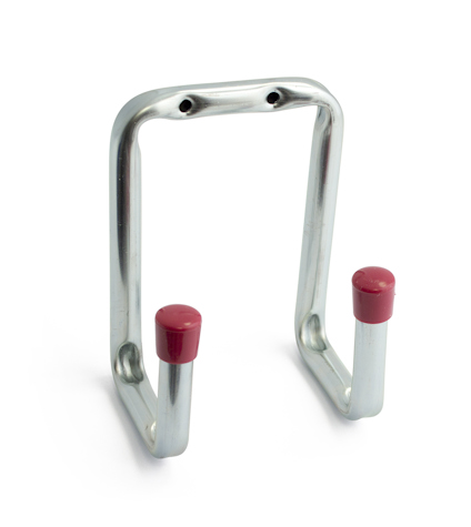 Metallisk redskapskrok med två böjda armar och röda skyddshättor ovanpå armarna.