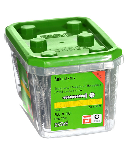 Förpackning med ankarskruv, 5,0 x 40 mm, 250 st, varumärke ESSVE, grön lock.