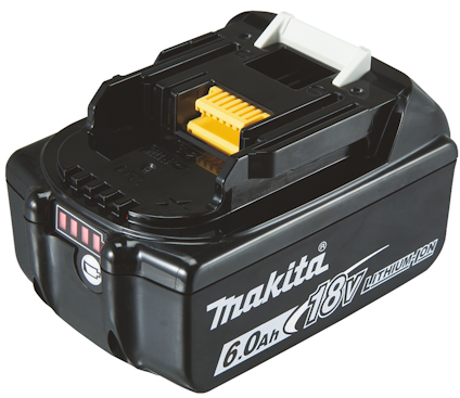 Svart och gul Makita 18V litiumjonbatteri med vit klaff och text som anger kapacitet och spänning.