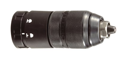 Snabbchuck i svart med metalliska delar och greppytor, kompatibel med borrmaskin.