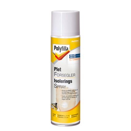 Sprayburk med gul och vit etikett, märkt "Polyfilla", text om isolering och användning, vit lock.
