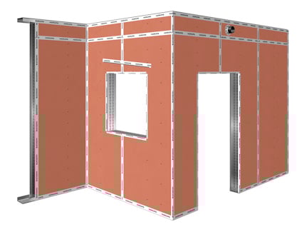 Gipsväggsstruktur med metallstommar, öppningar för fönster och dörrar i en byggnadsmiljö.