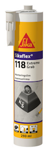 Förpackning av Sikaflex-118 Extreme Grab monteringslim i gul och vit tub.