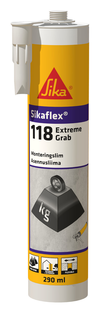 Förpackning av Sikaflex-118 Extreme Grab monteringslim i gul och vit tub.
