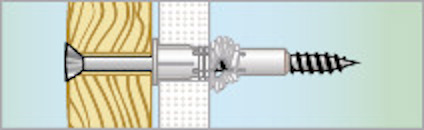 Tvärsnitt av en gipsvägg med trä skiva och skruv som passerar genom båda materialen.