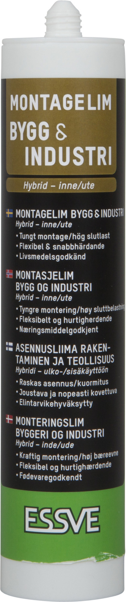 Grön och vit patron med texten "MONTAGELIM BYGG & INDUSTRI". Märkt med varumärket ESSVE längst ned.