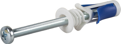 Skruv och plugg i metall och plast, med blå och vita detaljer.