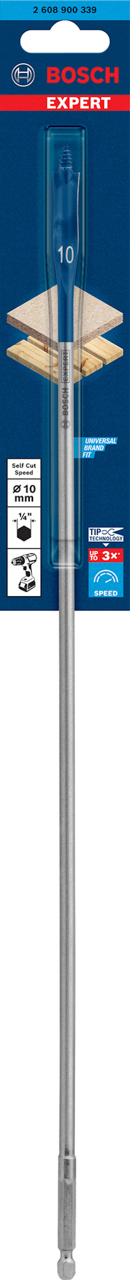 Borr med blått Bosch Expert-förpackning märkt "10" och "HEX-9", med information och symboler.