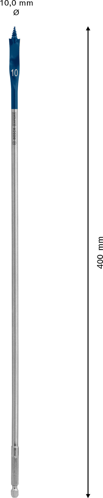 Glas-mätpipett med blått handtag, visar texten "10,0 mm" och en pil som indikerar 400 mm längd.