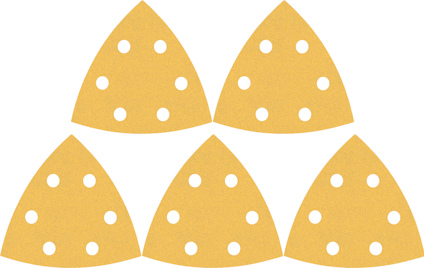 Fem guldfärgade triangulära slippapper med sex hål vardera.