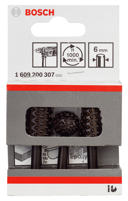 Förpackning med Bosch-slipverktyg för borrmaskin, med specifikation för 6 mm och 1000 min.