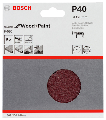 Rund sandpapper från Bosch, Expert for Wood + Paint, P40, 125 mm, förpackning med 5.