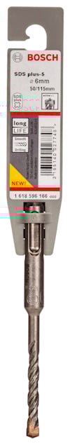 Borr från Bosch SDS plus-5, 6 mm diameter, 115 mm längd, med förpackning som visar streckkod och produktinformation.