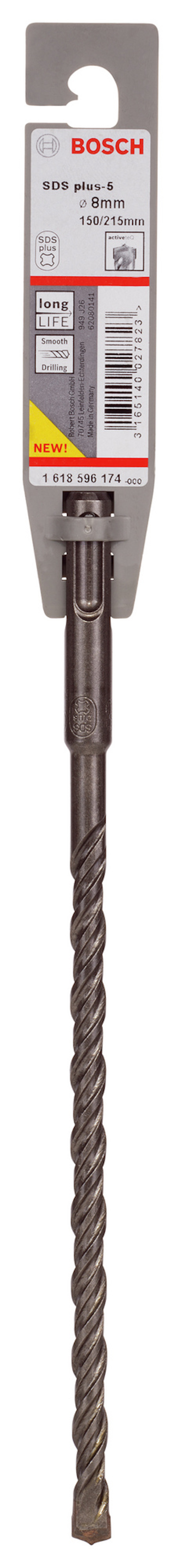 Borr från Bosch med etikett, spiral- och mejseldesign, 12x250 mm storlek.