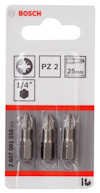 Förpackning med tre Bosch PZ 2 bits, 25 mm, 1/4" fäste. Produktnummer: 2 607 001 558.