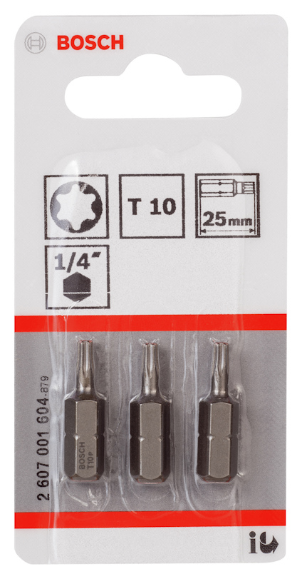 Tre Torx T10 bits från Bosch, 25 mm, i plastförpackning med genomskinlig framsida och röd rand.