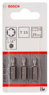 Förpackning med tre Bosch T15-stjärnskruvbits, 25 mm, 1/4" fäste, artikelnummer 2607001607.