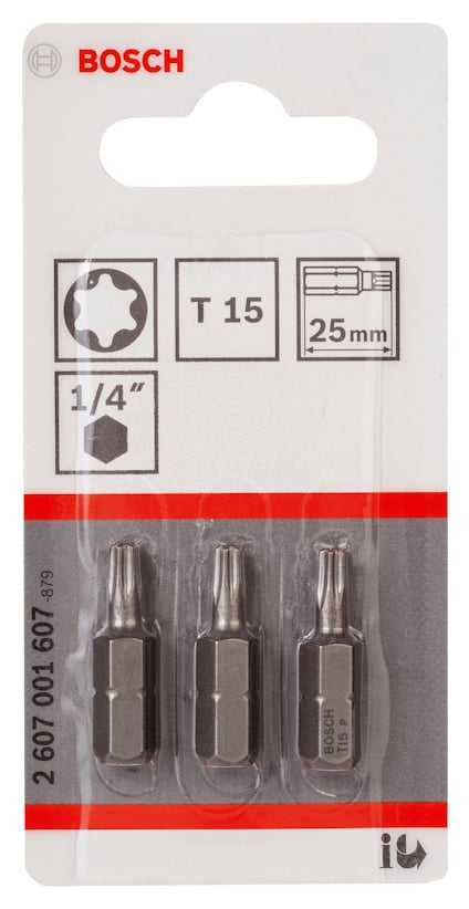 Förpackning med tre Bosch T15-stjärnskruvbits, 25 mm, 1/4" fäste, artikelnummer 2607001607.