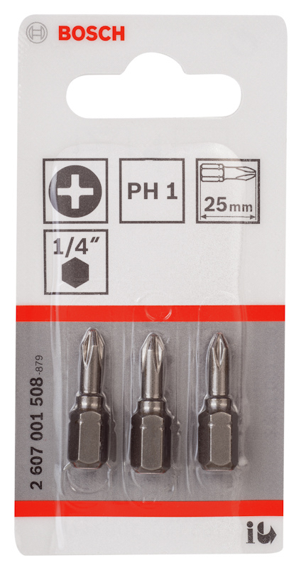 Tre Bosch PH1 skruvbits, 25 mm långa, i en förpackning.