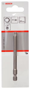 Förpackning innehållande Bosch T30 bits, 89 mm lång, med 1/4" infästning.