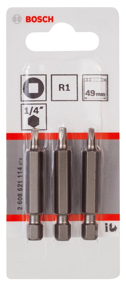 Förpackning med tre Bosch bits, R1, 1/4" infästning, 49 mm lång.