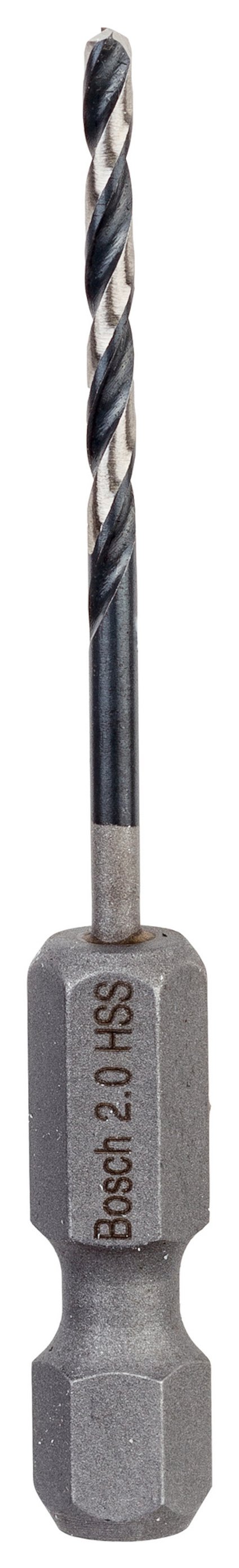 Metallborr med vridna skär och märkningen "Bosch 2.0 HSS" på skaftet.