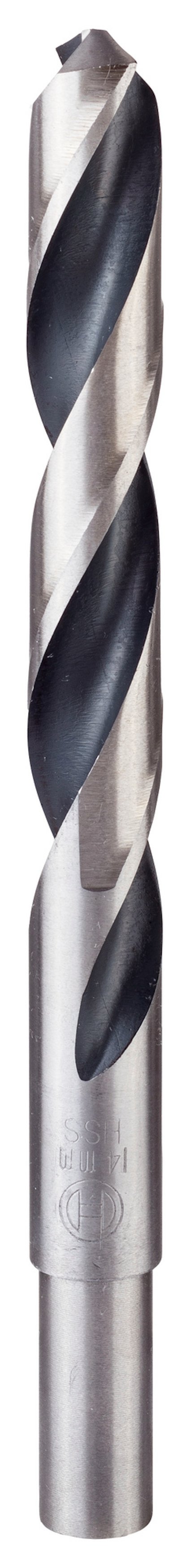 Metallborr med spiralmönster och spetsig ände, silverfärgad med svarta detaljer.
