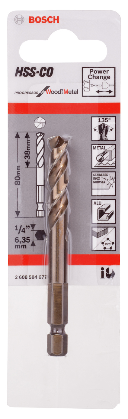 Förpackning med Bosch HSS-CO borr för trä och metall, 6,35 mm, med borrspecifikationer och illustrationer.