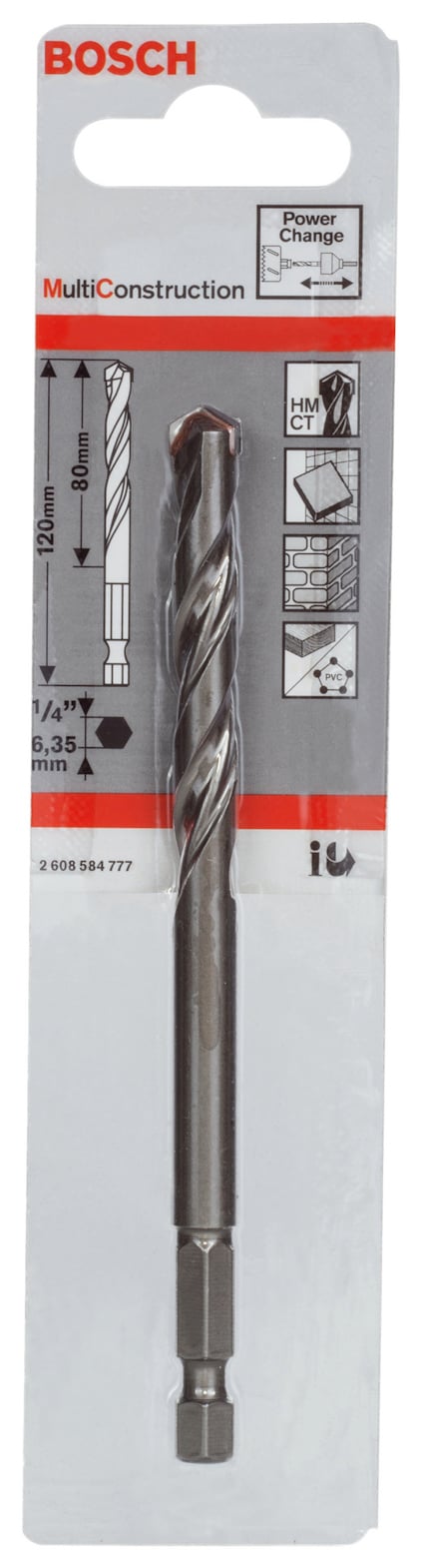 Förpackning med Bosch MultiConstruction-borr, 8x100 mm, med symboler och instruktioner för användning.