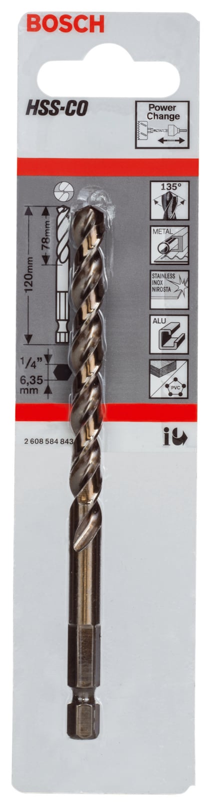 Borr från Bosch, förpackad på kartong med texten "HSS-CO" och 6,35 mm specificerad.