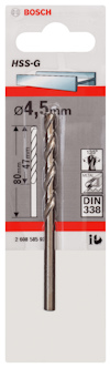 Förpackning med Bosch borr, HSS-G, 4,5 mm, total längd 80 mm, DIN 338, 135° spetsvinkel.