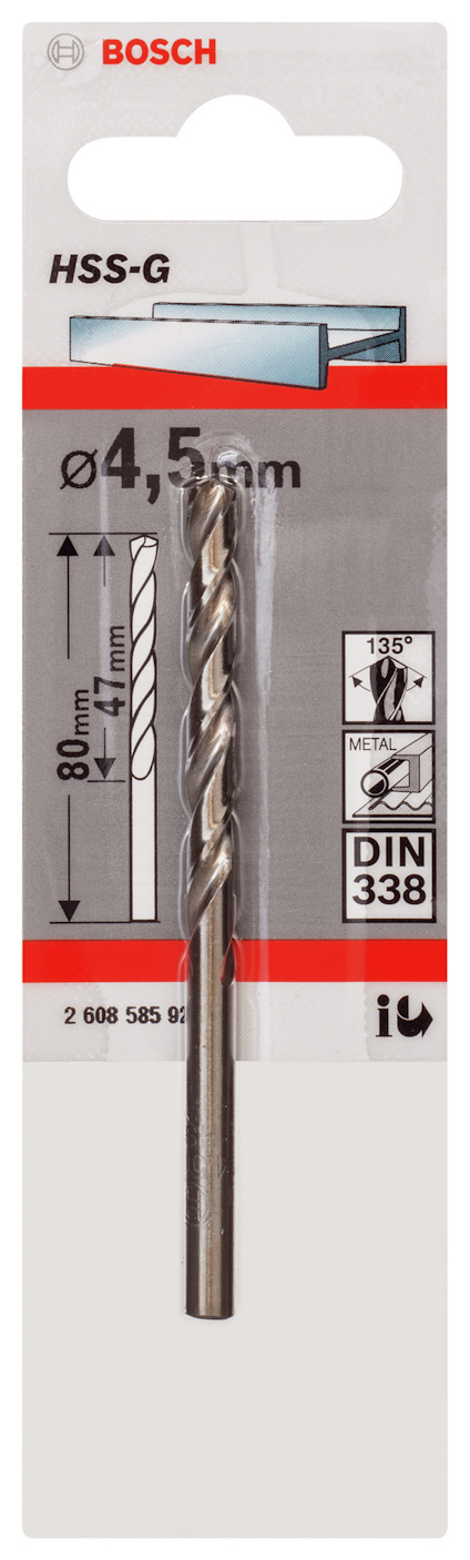 Förpackning med Bosch borr, HSS-G, 4,5 mm, total längd 80 mm, DIN 338, 135° spetsvinkel.