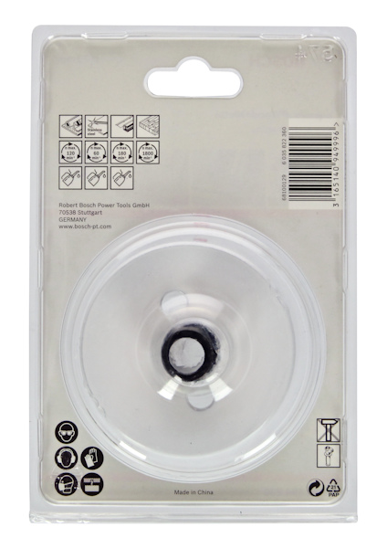 Förpackning med genomskinligt lock innehållande ett verktygstillbehör. Text och symboler syns på förpackningen.