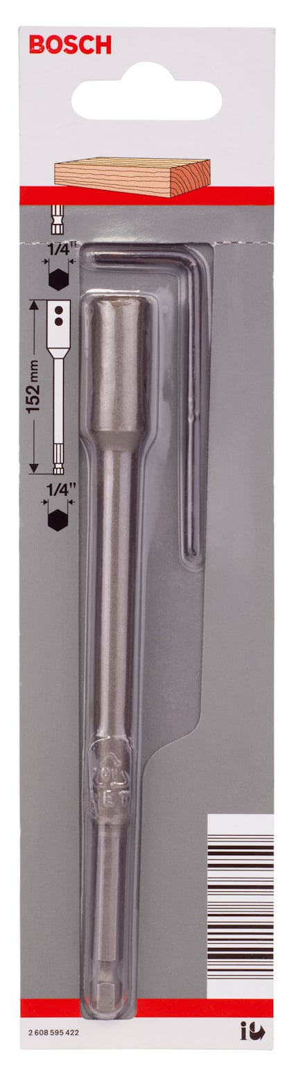 Förpackning med Bosch borrförlängare, 1/4 tum, 152 mm, med streckkod och produktinformation i röd och grå design.
