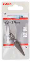 Förpackning med Bosch koniskt borr 3-14 mm, visa borrens form och dimensioner, med Bosch-logga högst upp.