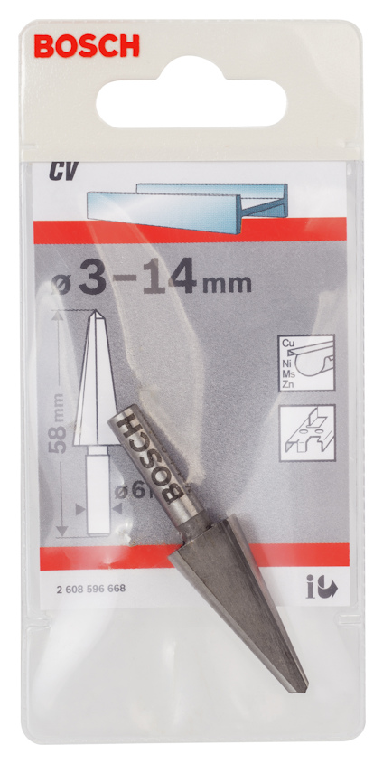 Förpackning med Bosch koniskt borr 3-14 mm, visa borrens form och dimensioner, med Bosch-logga högst upp.