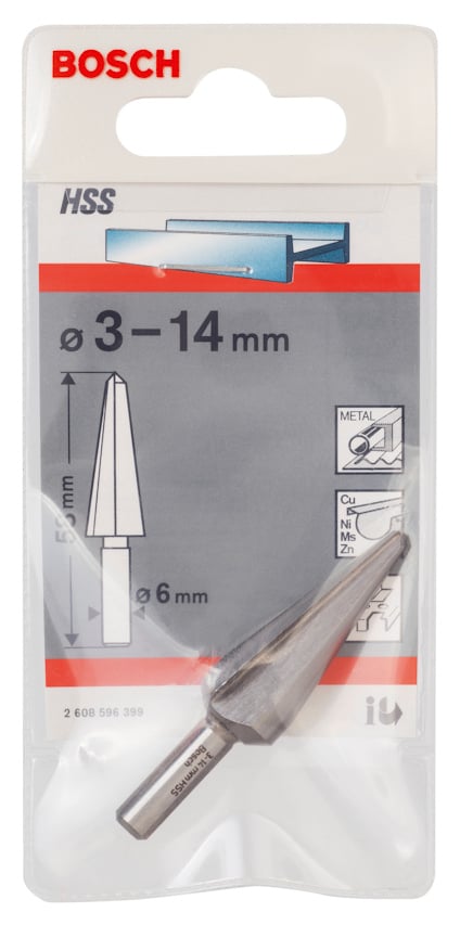 Förpackning med Bosch HSS-stegborr med diameter 3-14 mm, indikerat för metall.