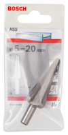 Förpackning med stegborr från Bosch, märkning “HSS” och storlek “5-20 mm”.