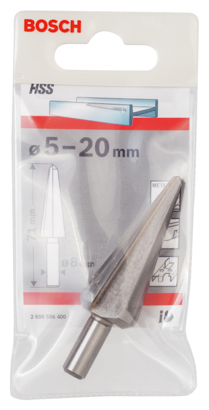 Förpackning med stegborr från Bosch, märkning “HSS” och storlek “5-20 mm”.