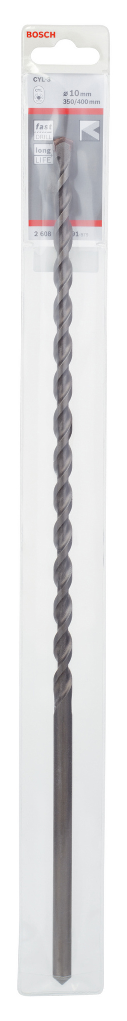 Förpackning med en lång borr från Bosch på vit bakgrund.