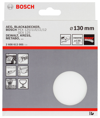Förpackning för Bosch sliprondell, 130 mm diameter, kompatibel med olika verktygsmärken.