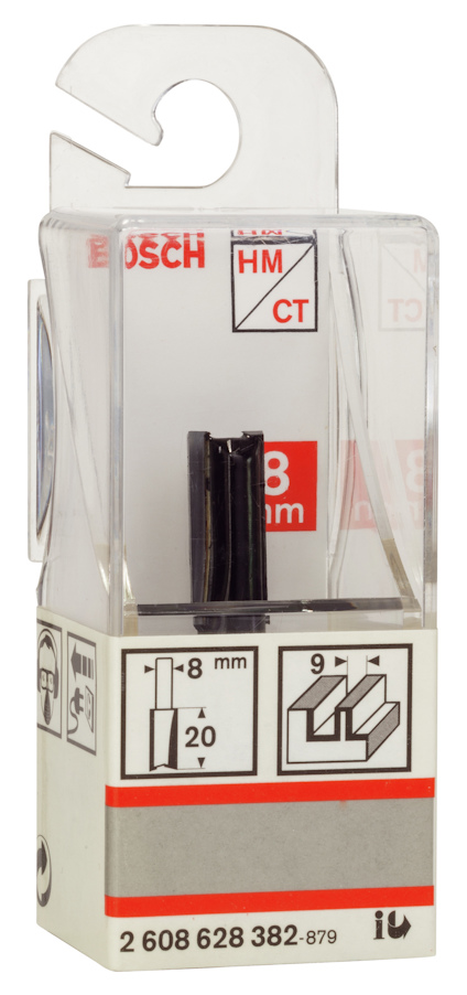 Förpackning med fräs tillbehör, märkning 8 mm och Bosch logotyp.