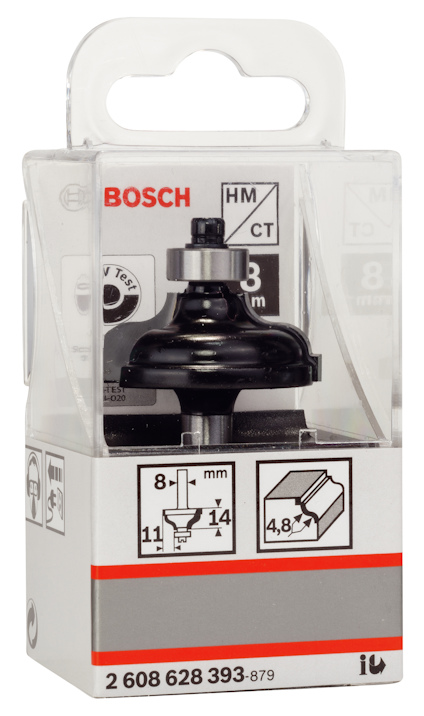 Förpackad Bosch-fräs med specifikationer: bredd 8 mm, skärdjup 11 mm, med en 1/4 tum skaftdiameter.