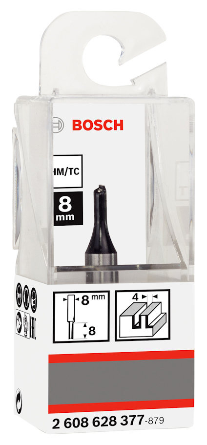 Förpackning med Bosch fräsbits, 8 mm, med illustration och måttinformation på etiketten.