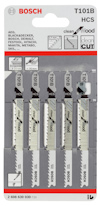 Förpackning med fem Bosch T101B HCS sticksågblad för trä.