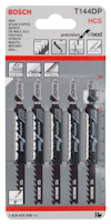 Förpackning med fyra Bosch T144DP HCS sticksågblad för trä.