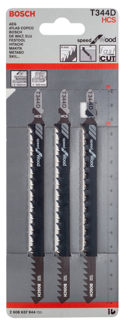 Förpackning med tre Bosch T344D sticksågblad för trä, med märke och produktbeskrivning.