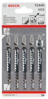 Förpackning med fem Bosch T244D sticksågblad för träbearbetning, kompatibla med flera verktygsmärken.